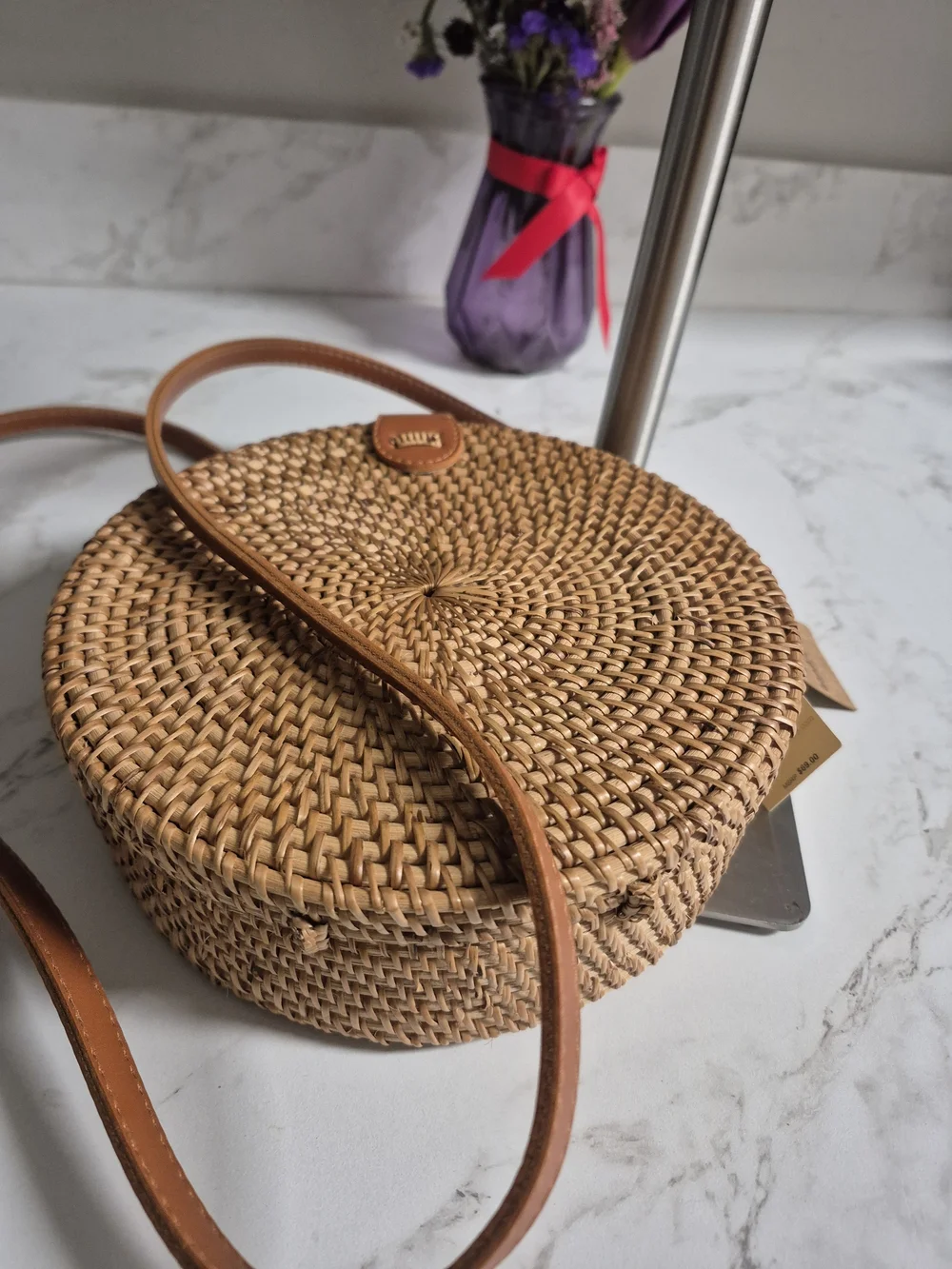 Boho Round Woven Crossbody Bag in Natural Brown NWT
